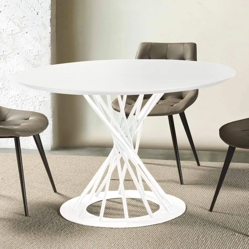 Tavolo da Pranzo Rotondo con Piano in Legno Laminato e Base in Acciaio - Mileto Viadurini