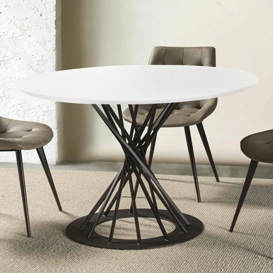 Tavolo da Pranzo Rotondo con Piano in Legno Laminato e Base in Acciaio - Mileto Viadurini