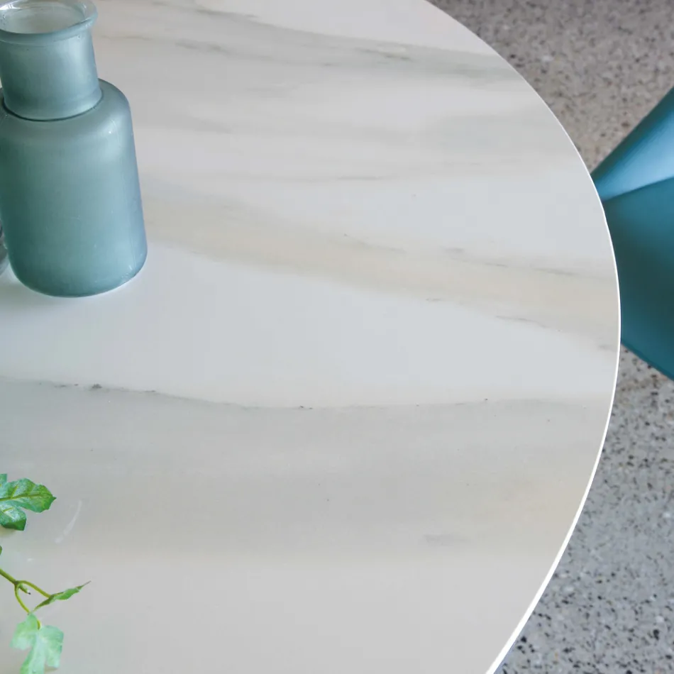 Tavolo da Pranzo Rotondo in Ceramica Lucida Florim e Base in Acciaio - Denali Viadurini