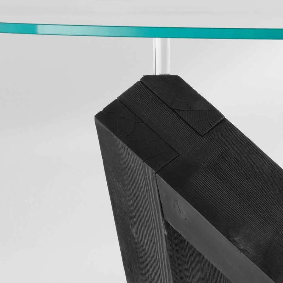 Tavolo da pranzo rotondo in legno con piano in vetro Bao, design moderno Viadurini