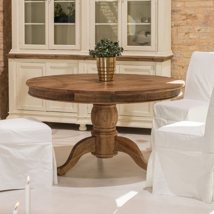 Tavolo da Pranzo Rotondo in Legno Tropicale Riciclato con Base Centrale - Slide Viadurini