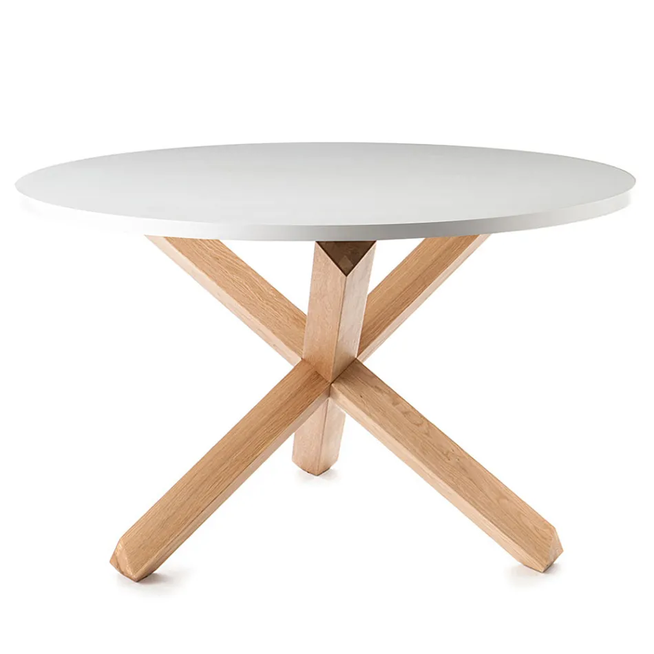 Tavolo da Pranzo Rotondo in Mdf Bianco Opaco e Legno Massello - Dante Viadurini