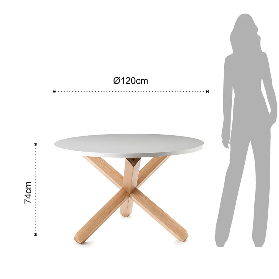 Tavolo da Pranzo Rotondo in Mdf Bianco Opaco e Legno Massello - Dante Viadurini