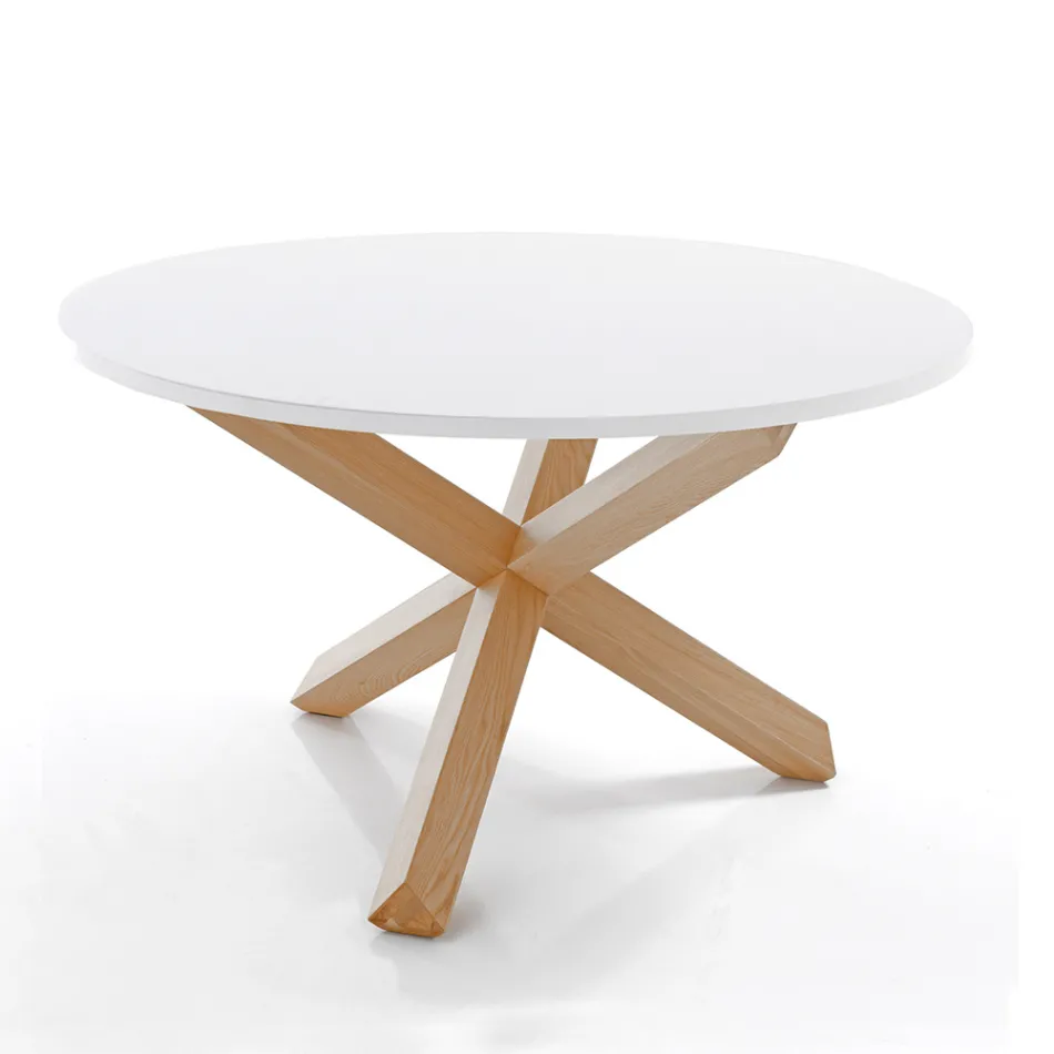 Tavolo da Pranzo Rotondo in Mdf Bianco Opaco e Legno Massello - Dante Viadurini