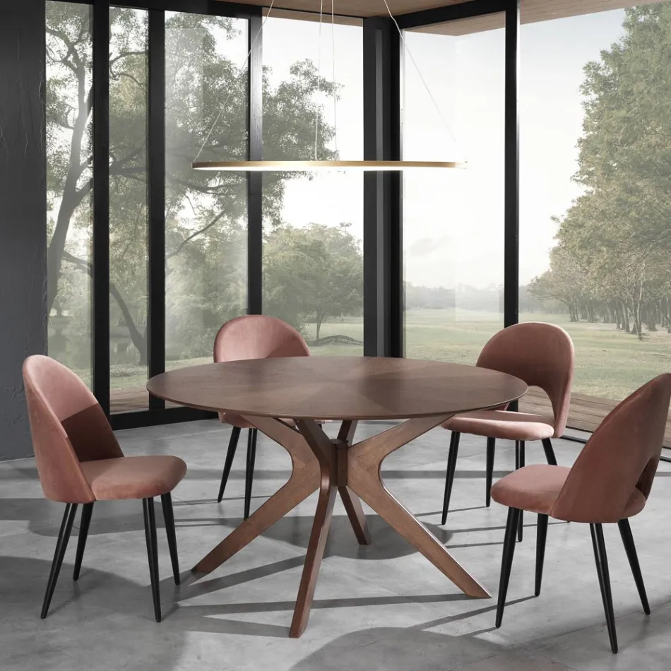 Tavolo da Pranzo Rotondo in Mdf Impiallacciato e Legno Massello - Fulmine Viadurini