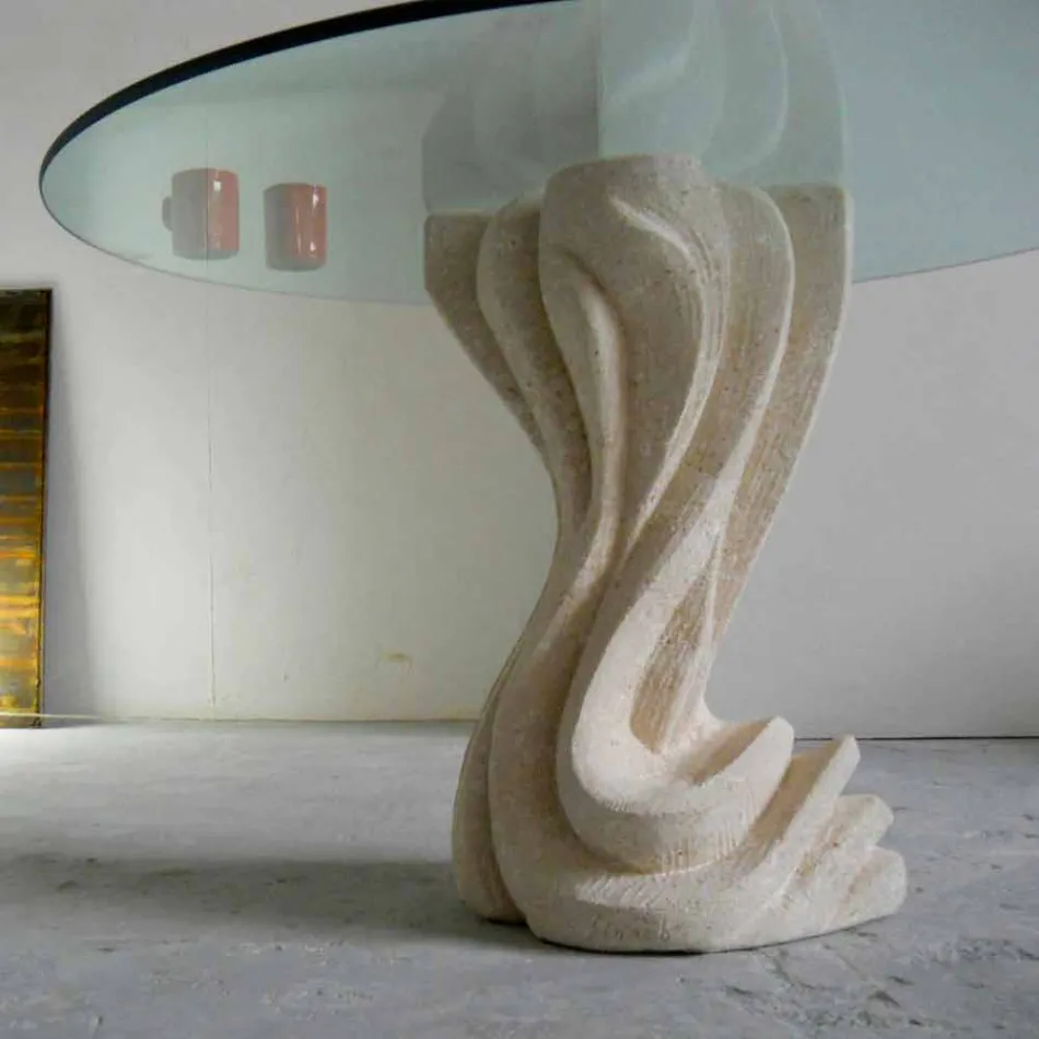 Tavolo da pranzo rotondo in pietra con piano in cristallo Cadmo Viadurini