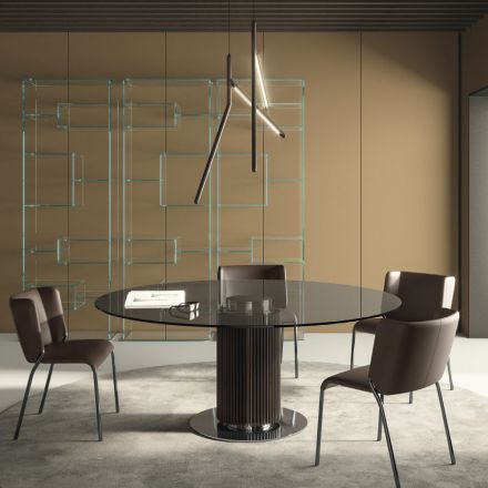 Tavolo da Pranzo Rotondo in Vetro Fumè con Base in Legno Made in Italy - Rondo Viadurini
