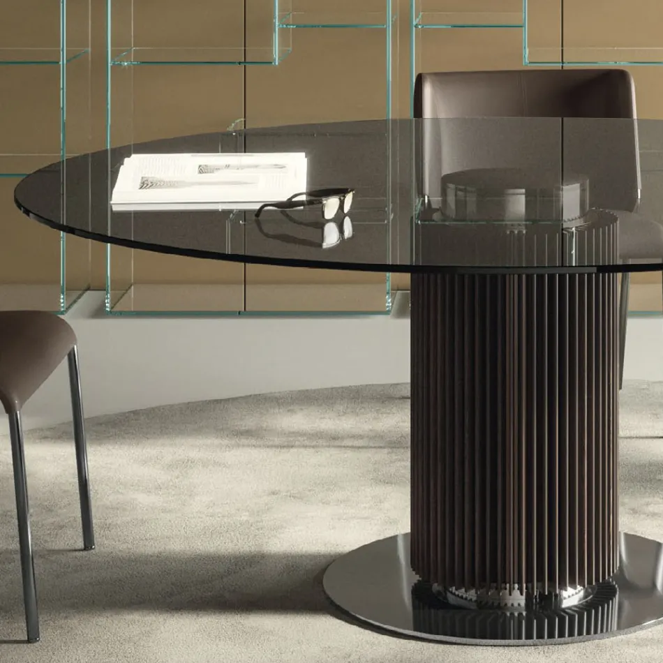 Tavolo da Pranzo Rotondo in Vetro Fumè con Base in Legno Made in Italy - Rondo Viadurini