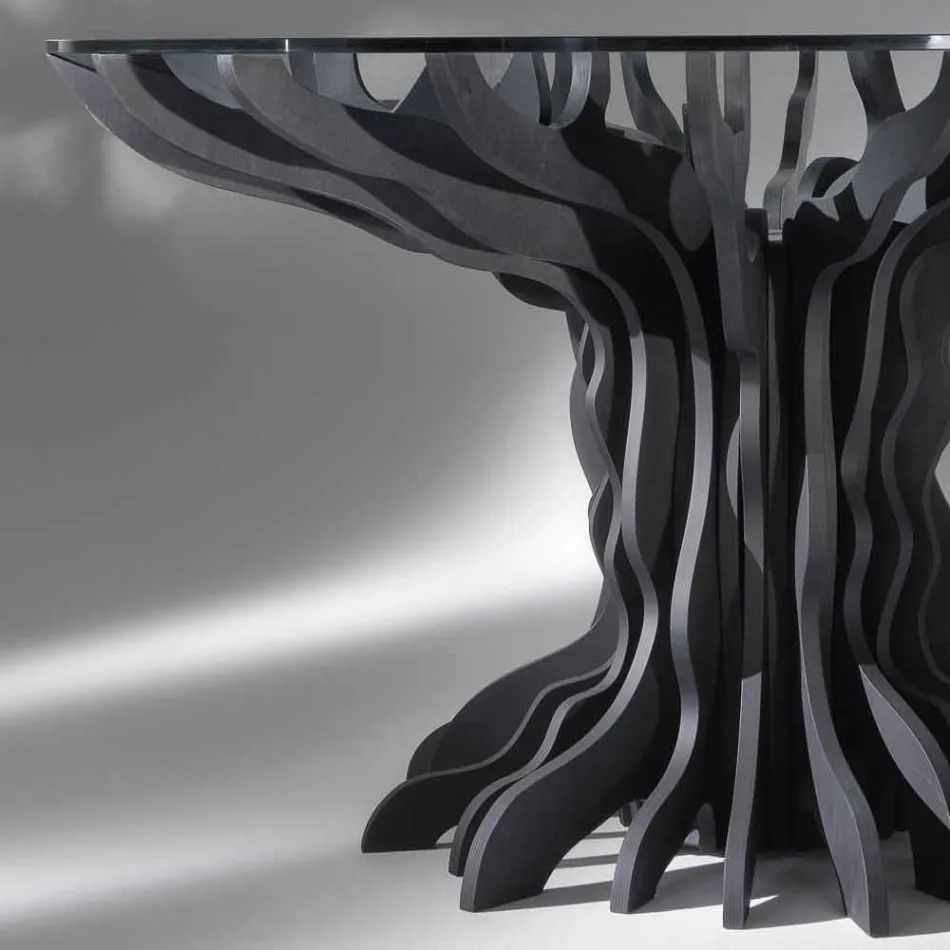 Tavolo da pranzo tondo Cassia, piano in legno nero e top in cristallo Viadurini
