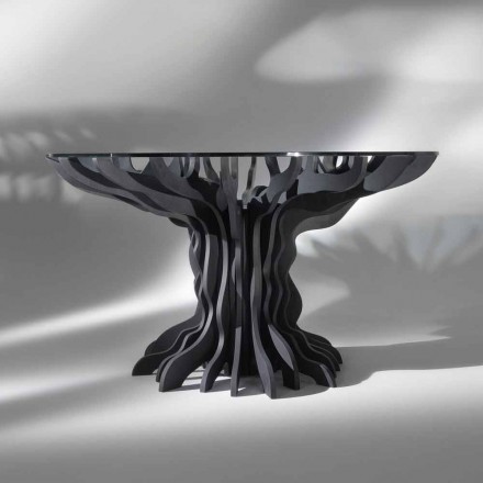 Tavolo da pranzo tondo Cassia, piano in legno nero e top in cristallo Viadurini