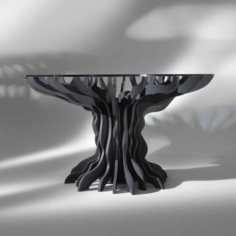 Tavolo da pranzo tondo Cassia, piano in legno nero e top in cristallo Viadurini