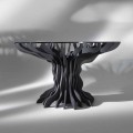 Tavolo da pranzo tondo Cassia, piano in legno nero e top in cristallo