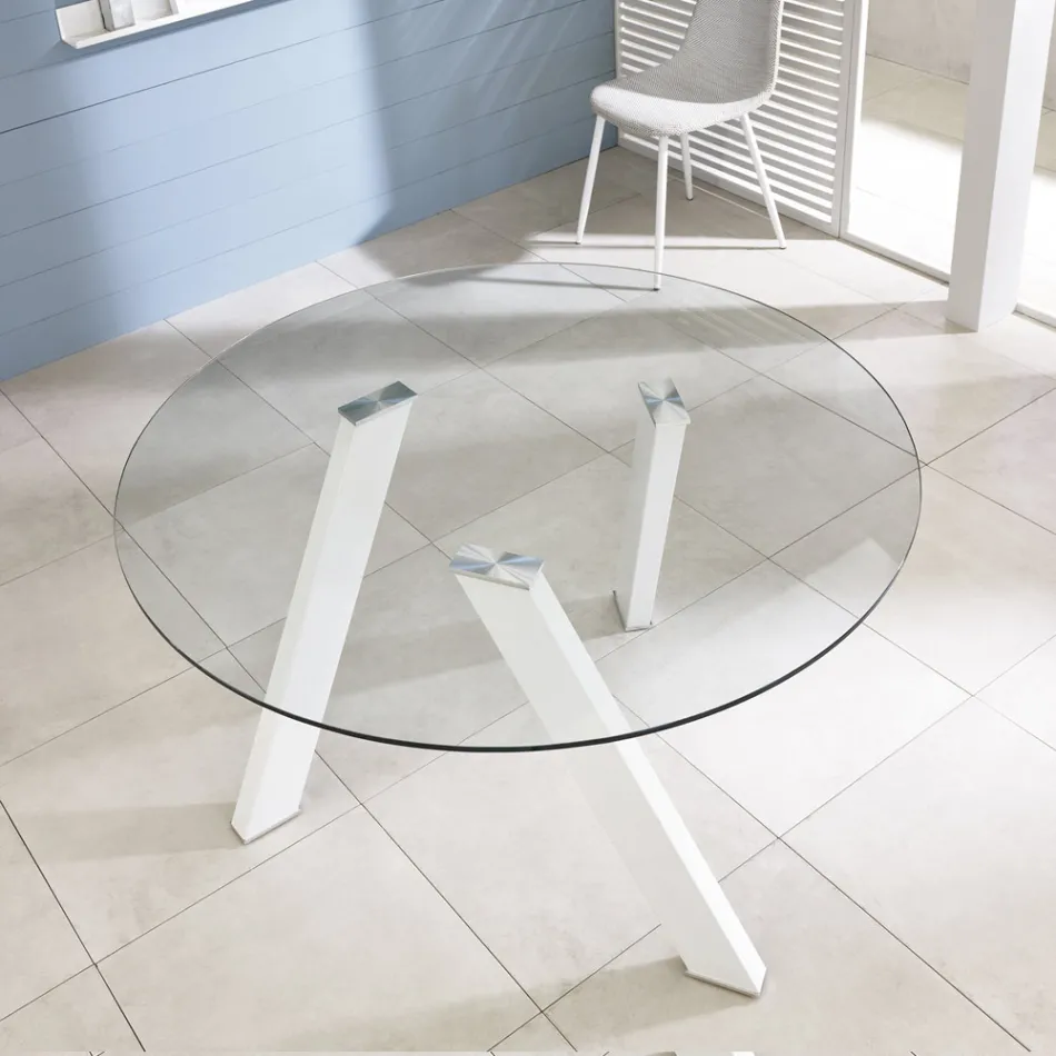 Tavolo da pranzo tondo con top in vetro Adamo, design moderno Viadurini