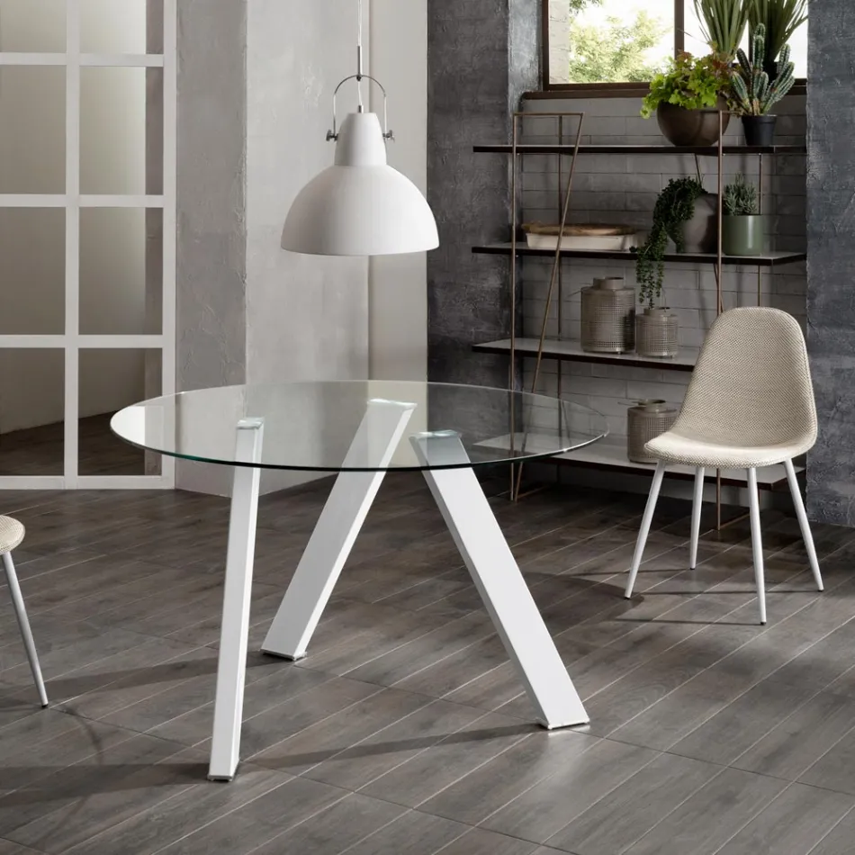 Tavolo da pranzo tondo con top in vetro Adamo, design moderno Viadurini