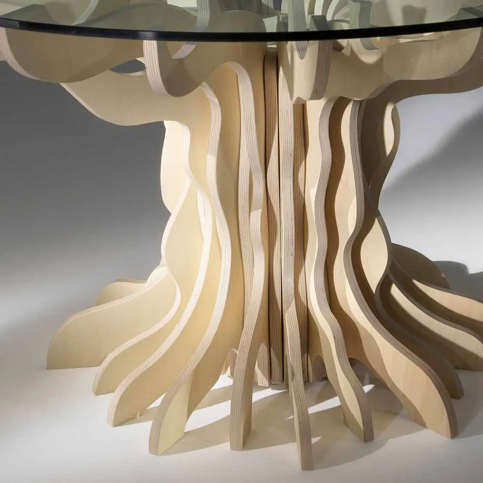 Tavolo da pranzo tondo in legno con piano in cristallo temperato Dalia Viadurini