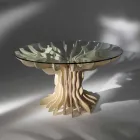 Tavolo da pranzo tondo in legno con piano in cristallo temperato Dalia Viadurini
