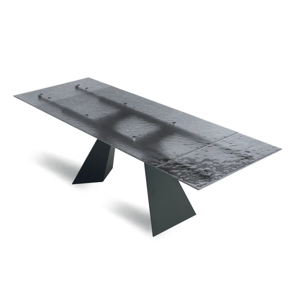 Tavolo da Soggiorno 160x90 con Piano in Vetro Martellato Trasparente - Martello Viadurini