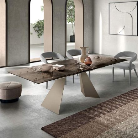Tavolo da Soggiorno 160x90 con Piano in Vetro Martellato Trasparente - Martello Viadurini