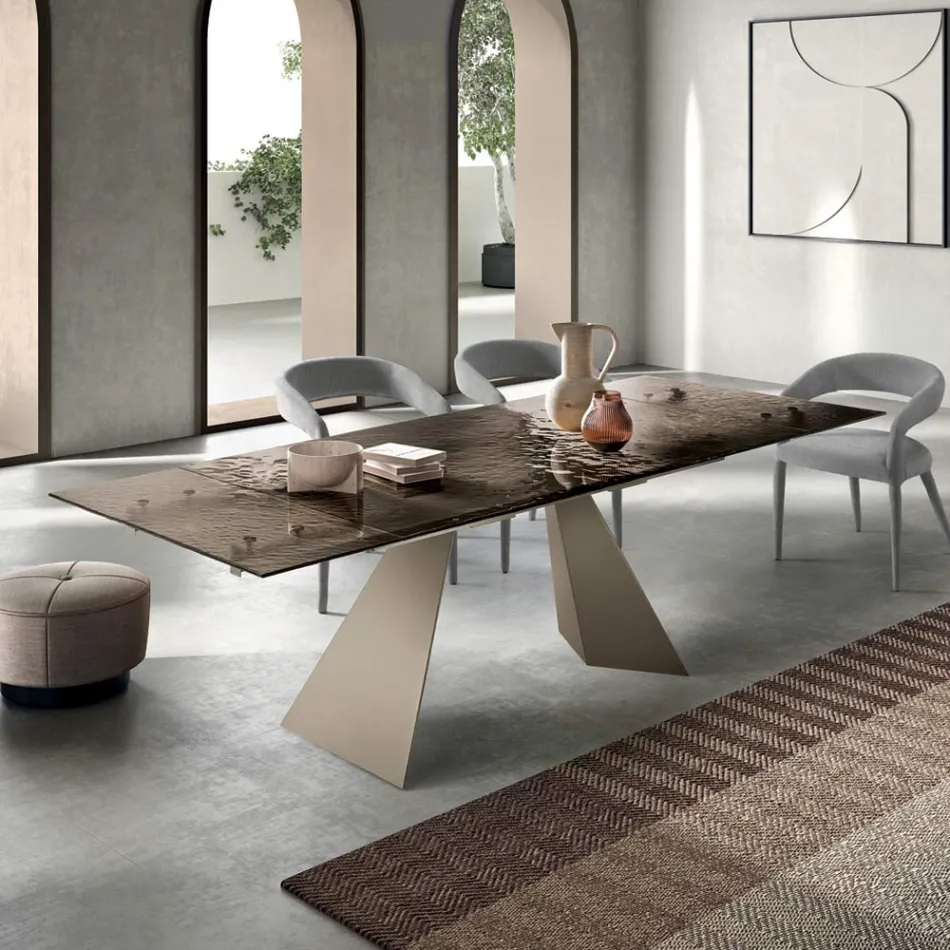Tavolo da Soggiorno 160x90 con Piano in Vetro Martellato Trasparente - Martello Viadurini