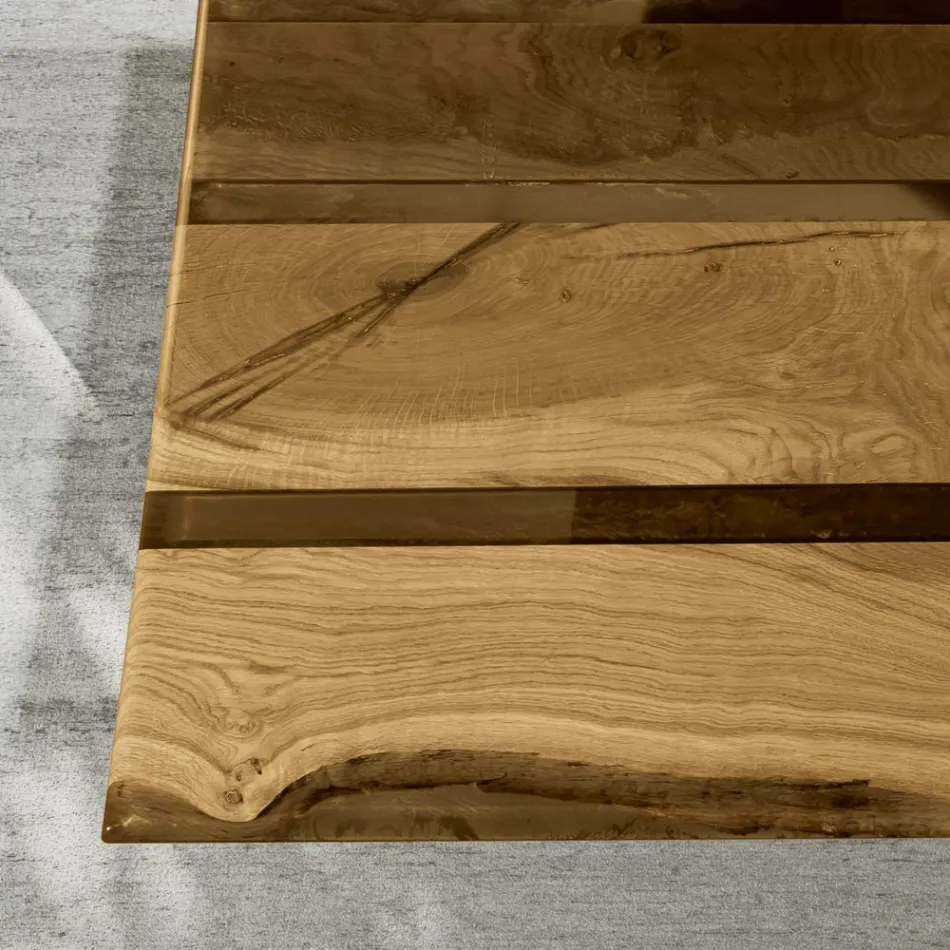 Tavolo da Soggiorno con Piano in Rovere e Resina Epossidica Colorata - Miklas Viadurini