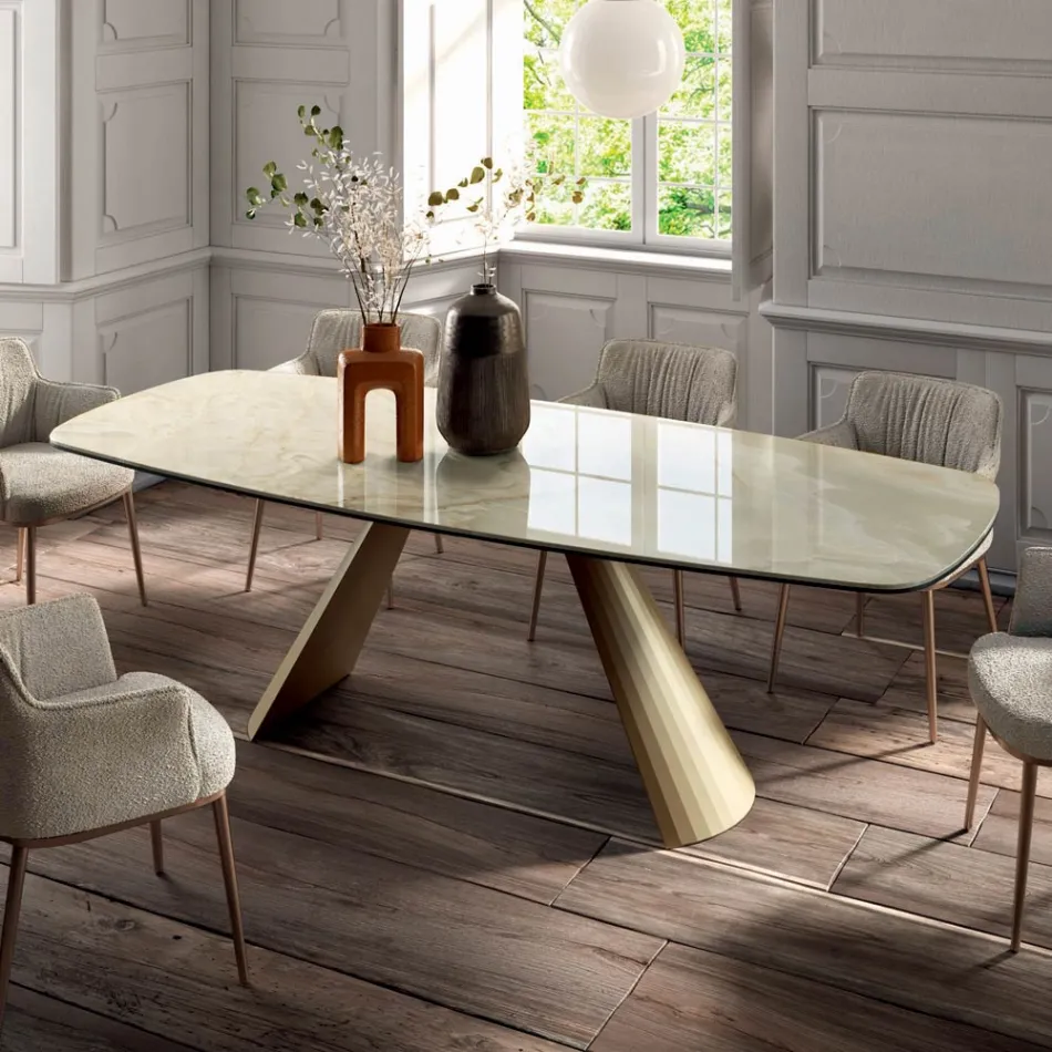 Tavolo da Soggiorno Fisso con Piano a Botte in Ceramica Made in Italy - Occhiali Viadurini