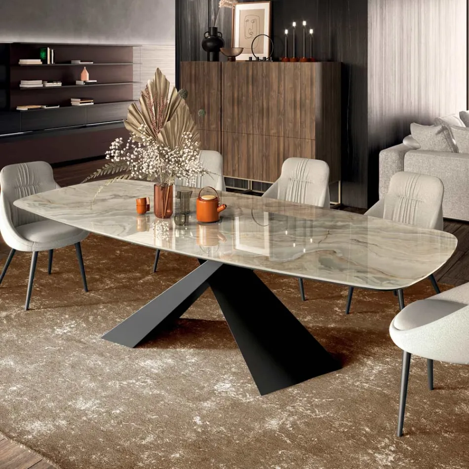 Tavolo da Soggiorno Fisso con Piano in Ceramica Realizzato in Italia - Ferie Viadurini