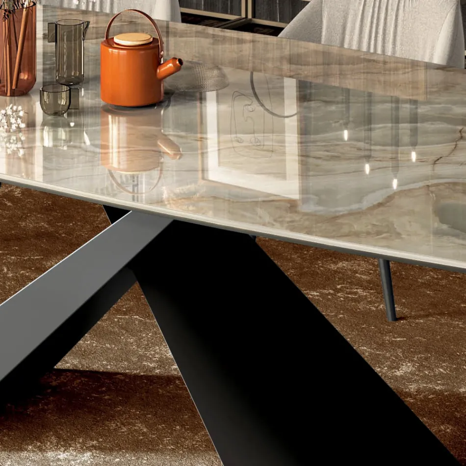 Tavolo da Soggiorno Fisso con Piano in Ceramica Realizzato in Italia - Ferie Viadurini