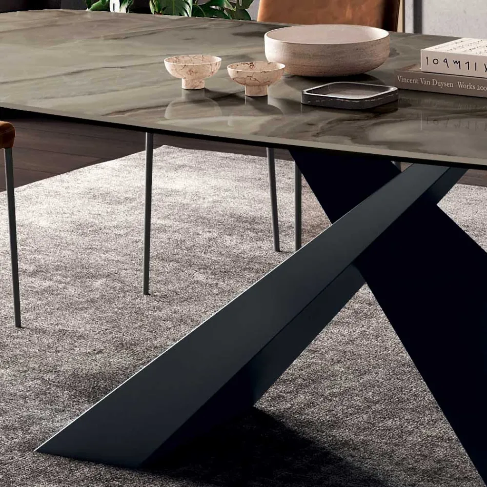 Tavolo da Soggiorno Fisso con Piano in Ceramica Realizzato in Italia - Ferie Viadurini