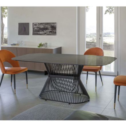 Tavolo Ellittico da Pranzo in Ceramica Lucida e Acciaio - Ravi Viadurini
