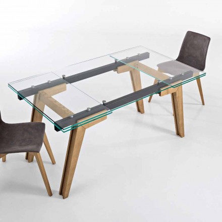 Tavolo estensibile in vetro e legno massello made in Italy, Dimitri Viadurini