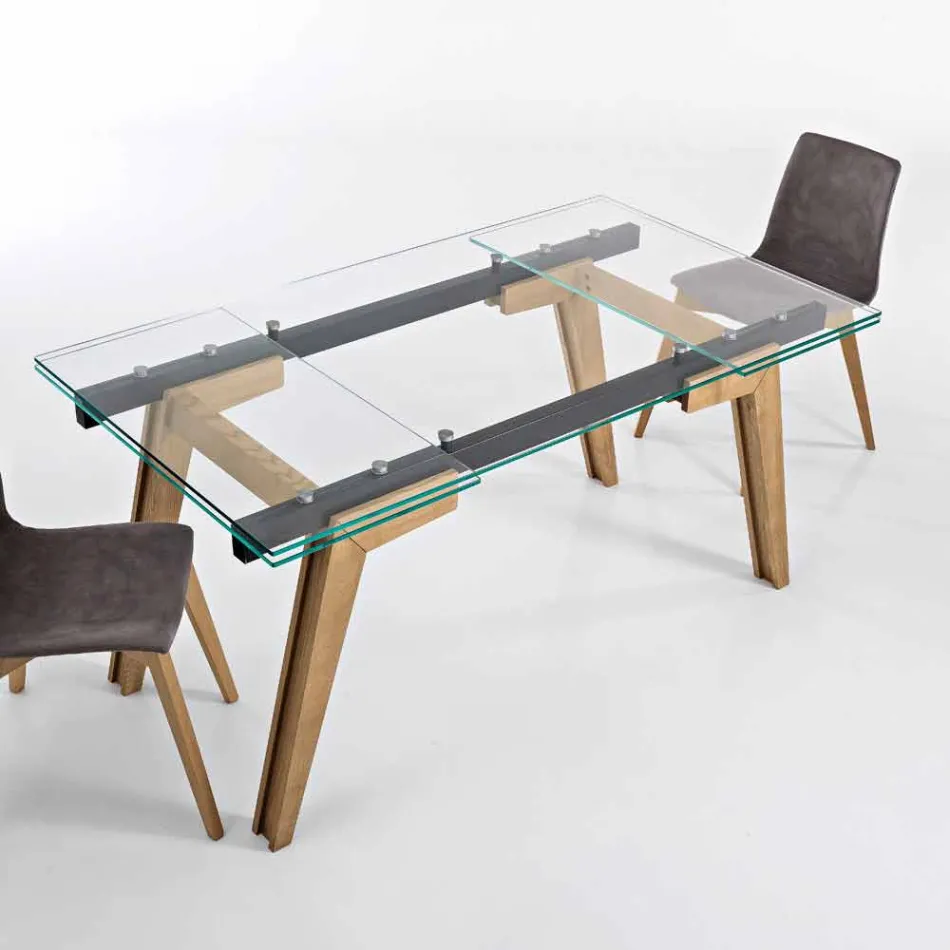 Tavolo estensibile in vetro e legno massello made in Italy, Dimitri Viadurini