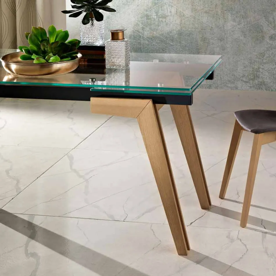 Tavolo estensibile in vetro e legno massello made in Italy, Dimitri Viadurini