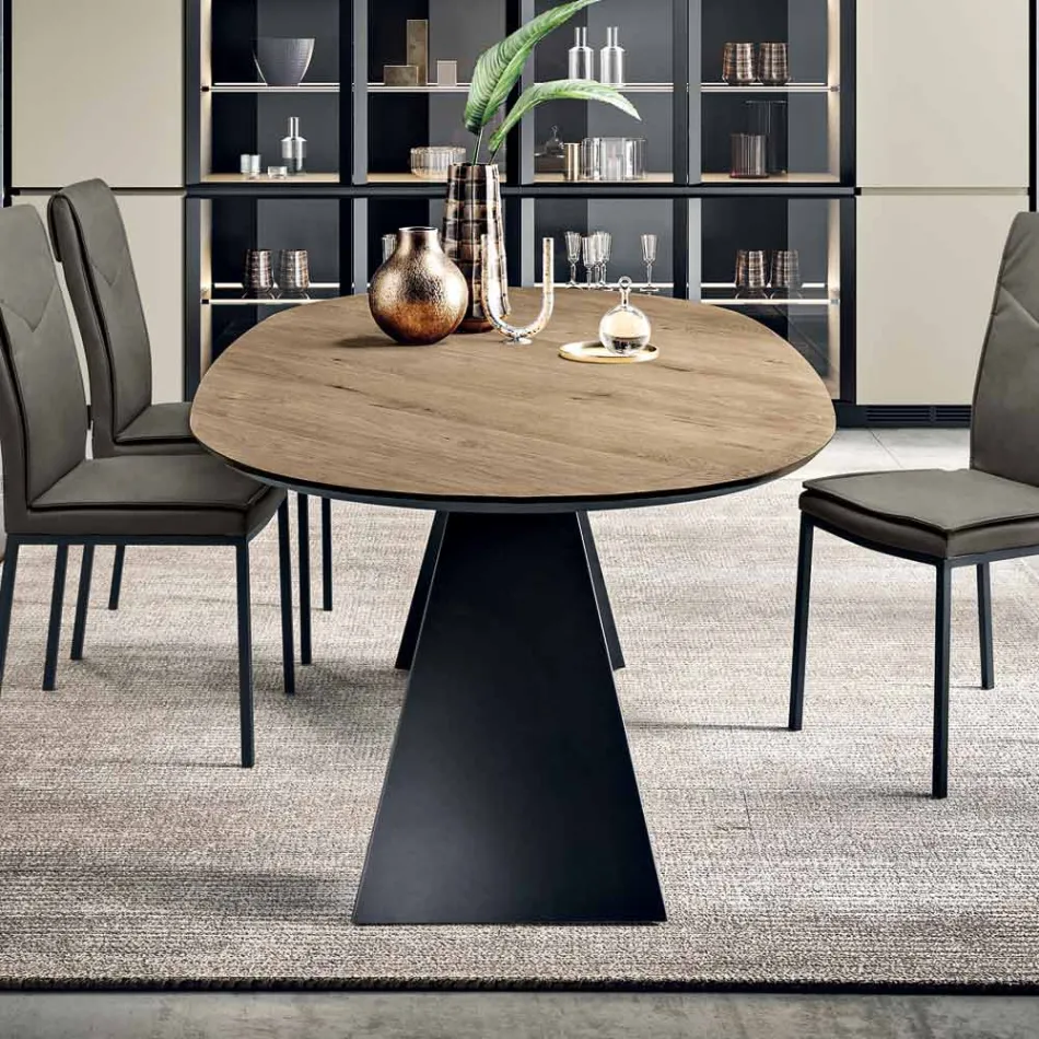 Tavolo Fisso 210x109 cm in Metallo e Rovere Impiallacciato Ovale - Marcello Viadurini