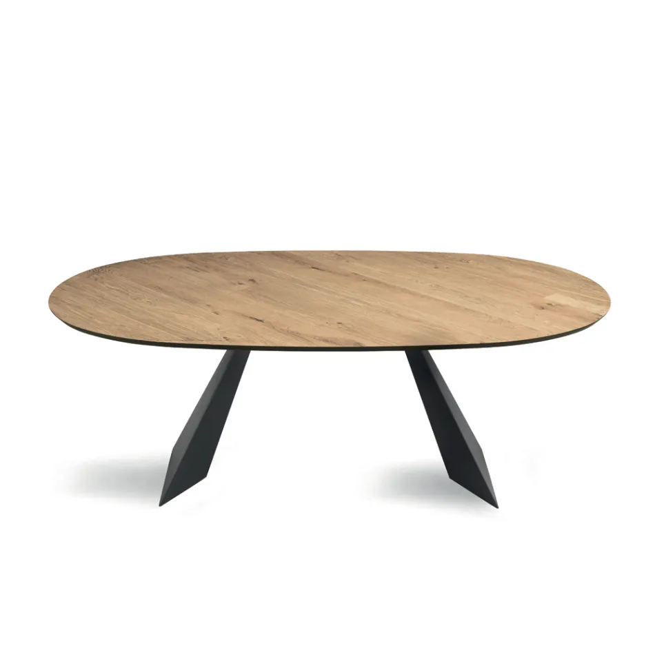 Tavolo Fisso 210x109 cm in Metallo e Rovere Impiallacciato Ovale - Marcello Viadurini
