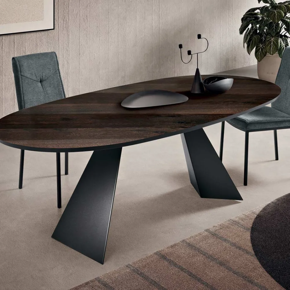 Tavolo Fisso 210x109 cm in Metallo e Rovere Impiallacciato Ovale - Marcello Viadurini
