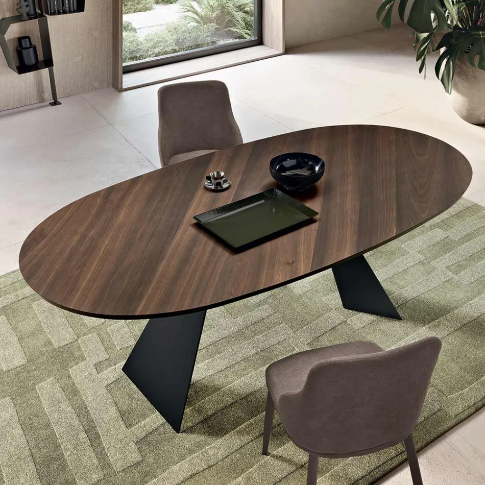 Tavolo Fisso 210x109 cm in Metallo e Rovere Impiallacciato Ovale - Marcello Viadurini