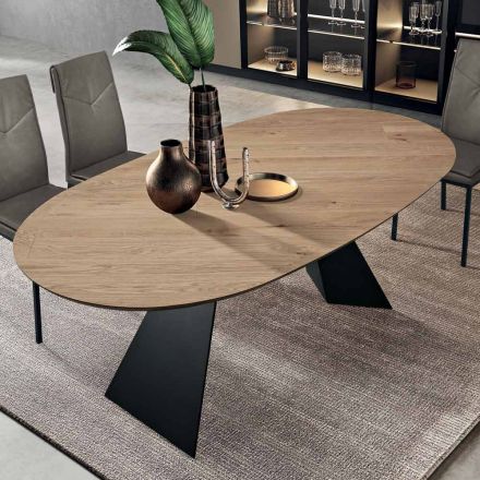 Tavolo Fisso 210x109 cm in Metallo e Rovere Impiallacciato Ovale - Marcello Viadurini