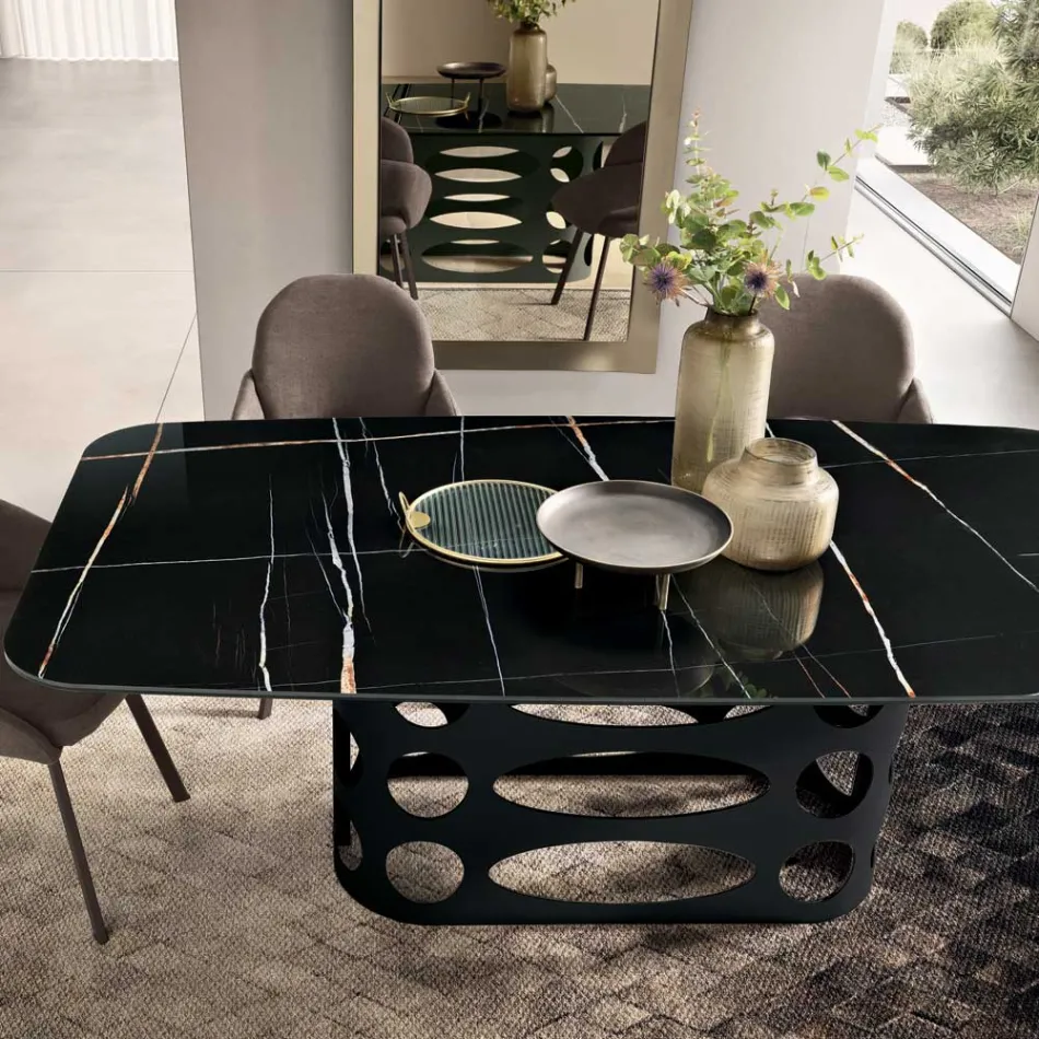Tavolo Fisso 210x110 cm con Piano in Ceramica Effetto Marmo - Tano Viadurini