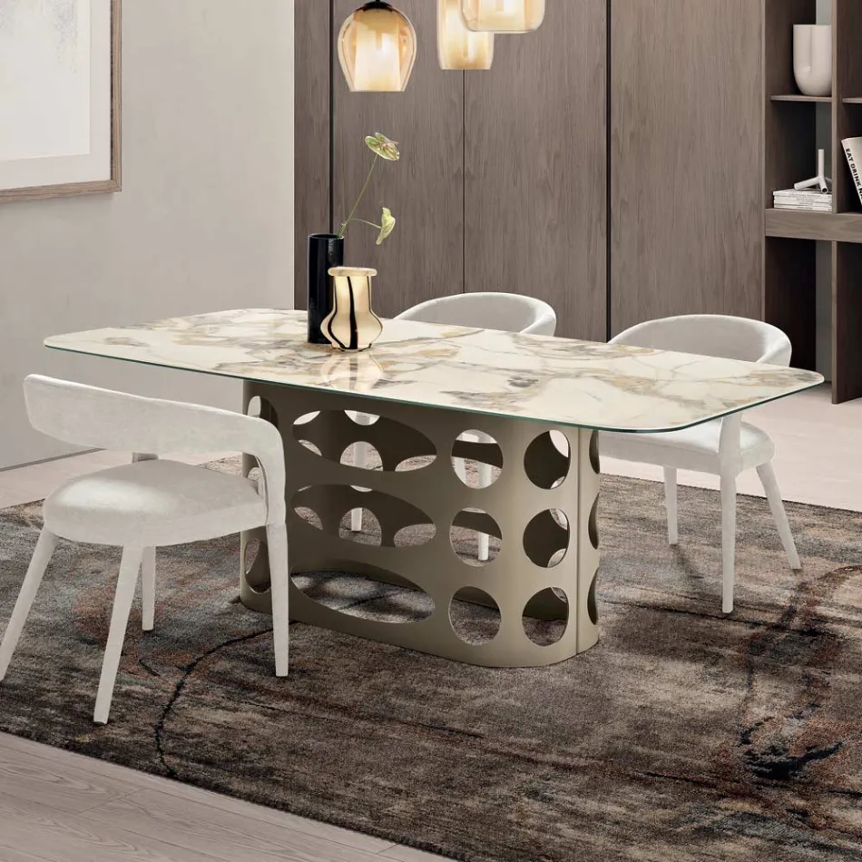 Tavolo Fisso 210x110 cm con Piano in Ceramica Effetto Marmo - Tano Viadurini