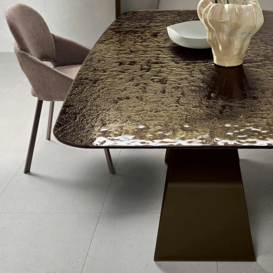 Tavolo Fisso 210x110 cm con Piano in Vetro Martellato e Base in Metallo - Adriano Viadurini