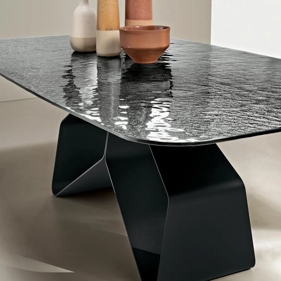 Tavolo Fisso 210x110 cm con Piano in Vetro Martellato e Base in Metallo - Adriano Viadurini