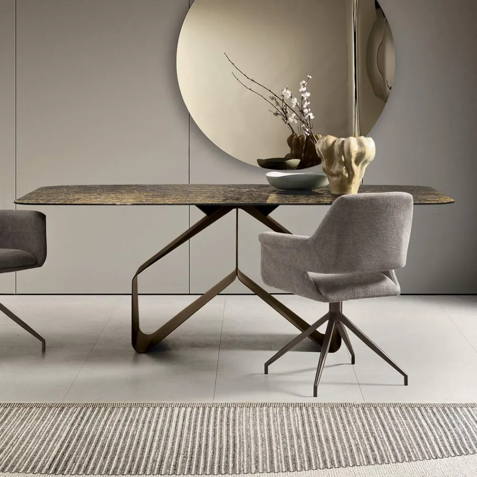 Tavolo Fisso 210x110 cm con Piano in Vetro Martellato e Base in Metallo - Adriano Viadurini