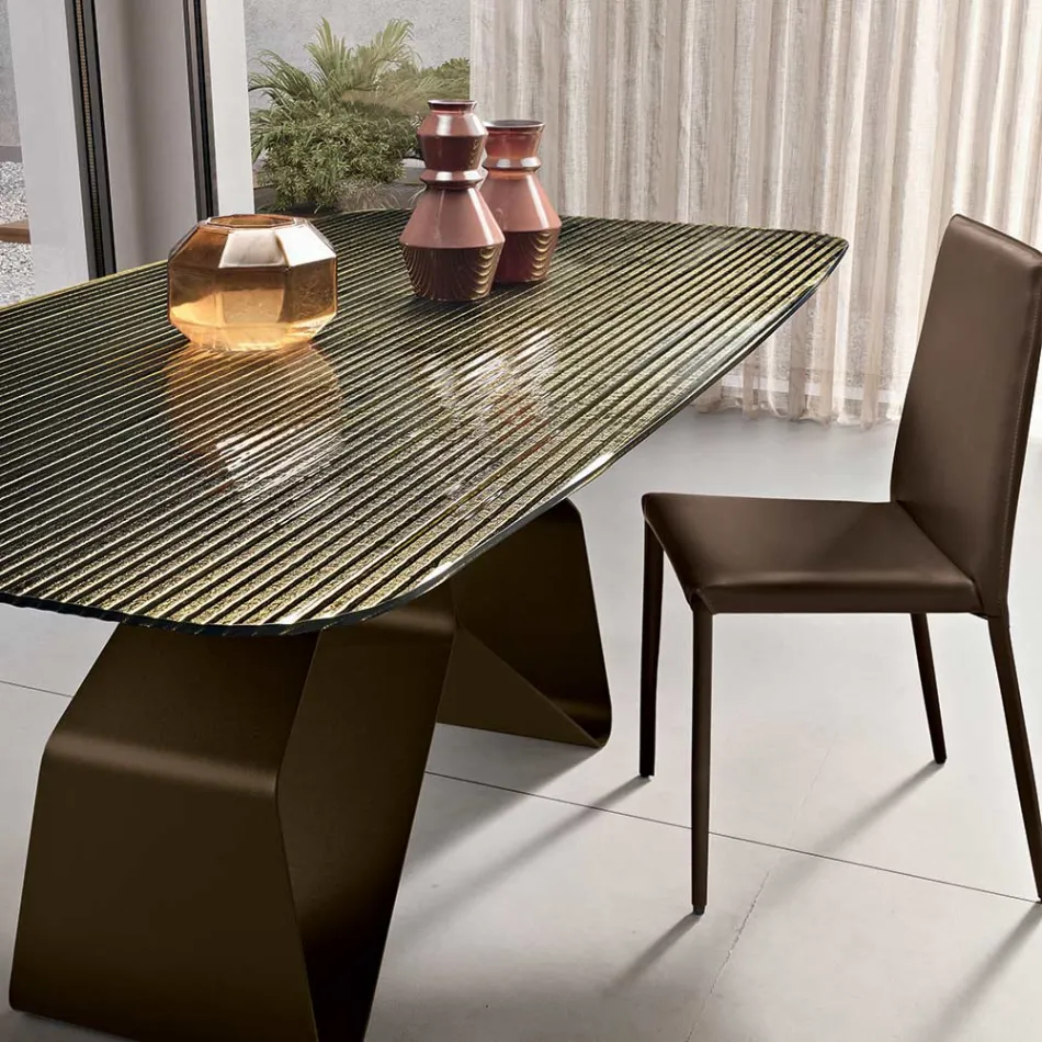 Tavolo Fisso 210x110 cm con Piano in Vetro Rigato e Base in Metallo - Adriano Viadurini