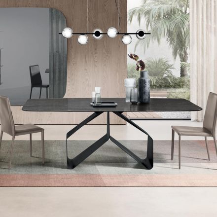 Tavolo Fisso 210x110 cm con Piano in Vetro Rigato e Base in Metallo - Adriano Viadurini
