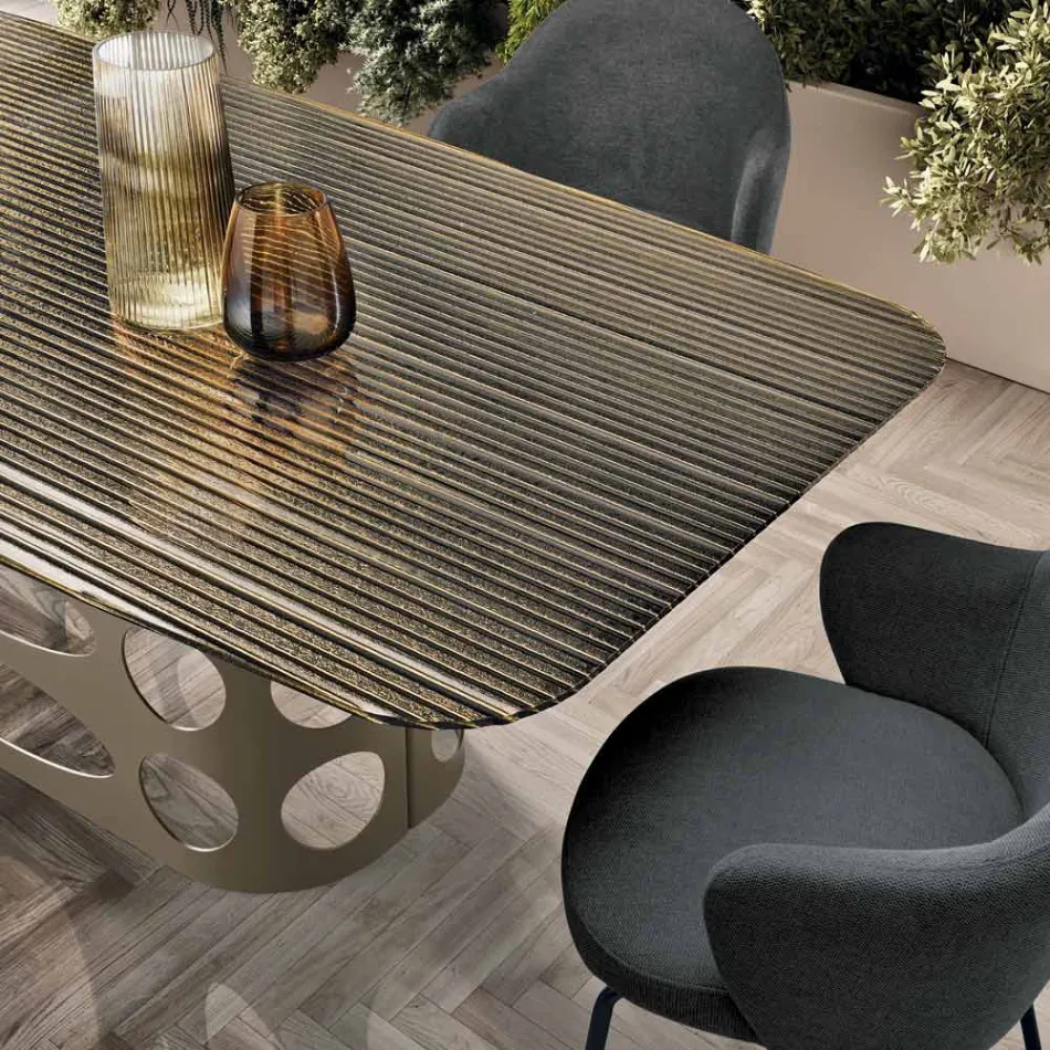 Tavolo Fisso 210x110 cm con Piano in Vetro Rigato Made in Italy - Tano Viadurini