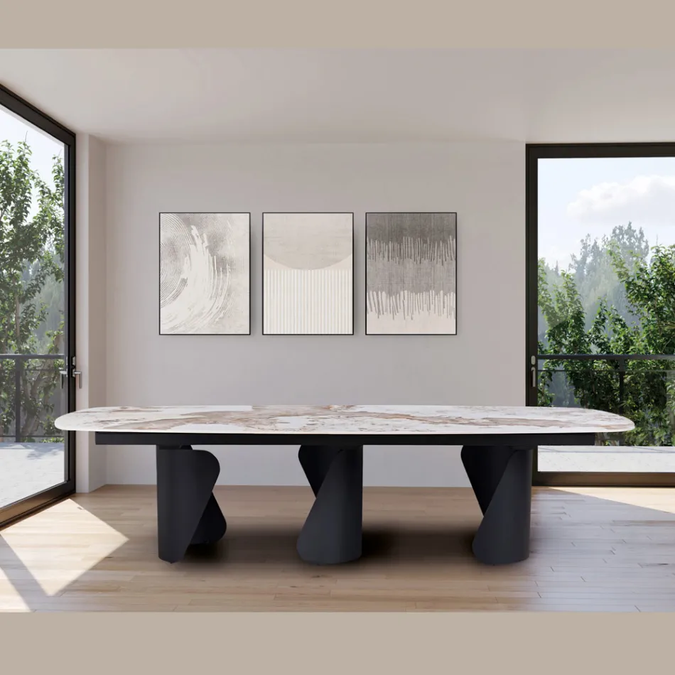 Tavolo Fisso 300x120 cm in Metallo e Piano in Pietra Sinterizzata - Valmira Viadurini