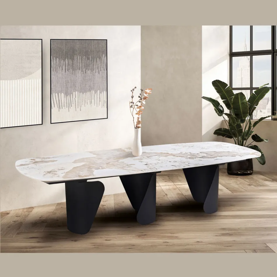 Tavolo Fisso 300x120 cm in Metallo e Piano in Pietra Sinterizzata - Valmira Viadurini