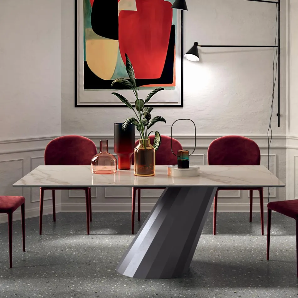 Tavolo Fisso con Base in Acciaio e Piano in Ceramica Made in Italy - Pantaloni Viadurini