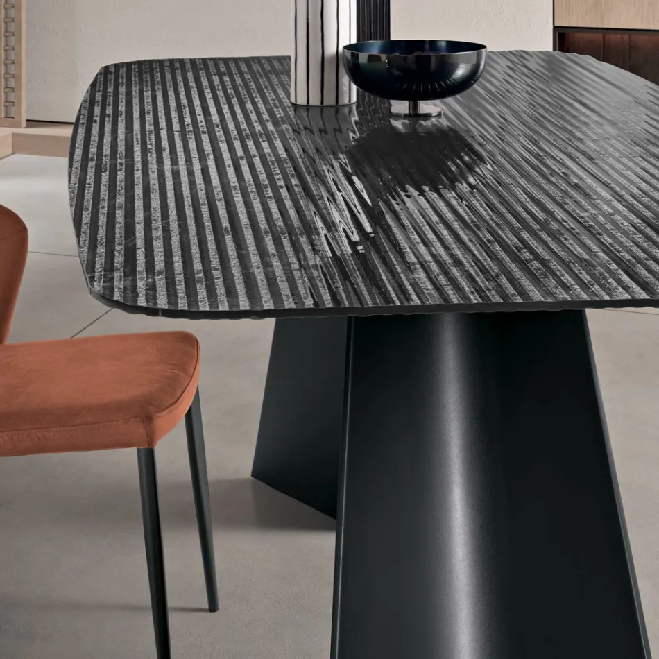 Tavolo Fisso con Base in Metallo e Piano in Vetro Rigato Made in Italy - Lumo Viadurini