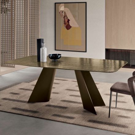 Tavolo Fisso con Base in Metallo e Piano in Vetro Rigato Made in Italy - Lumo Viadurini